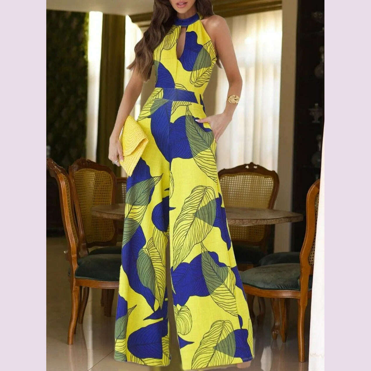 Summer Jumpsuits for Women 2024 Elegant Night Party Sexy Sleeveless Halter Printed High Waist Wide Leg Jumpsuit Women Vacation - KIMLUD