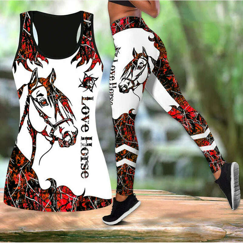 KIMLUD, Summer Ladies Love Horse Print Yoga Sports Pants Sweatpants Leggings Cut Out Back Tank Tops Combo Suit XS-8XL, red1 / XS, KIMLUD APPAREL - Womens Clothes