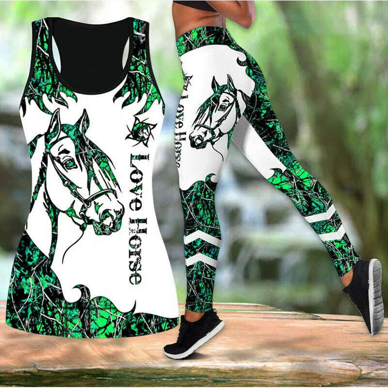 KIMLUD, Summer Ladies Love Horse Print Yoga Sports Pants Sweatpants Leggings Cut Out Back Tank Tops Combo Suit XS-8XL, Green / XS, KIMLUD APPAREL - Womens Clothes