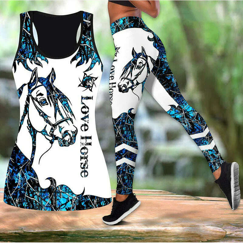 KIMLUD, Summer Ladies Love Horse Print Yoga Sports Pants Sweatpants Leggings Cut Out Back Tank Tops Combo Suit XS-8XL, Blue / XS, KIMLUD APPAREL - Womens Clothes