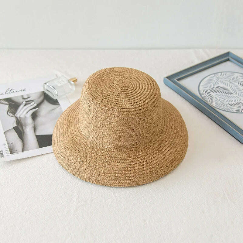 Summer Lady Pleated Straw Hat Women Hepburn Style Casual Sun Hat Large Brim Floppy Sun Hat Cap Holiday Beach Casquette Gorros - KIMLUD