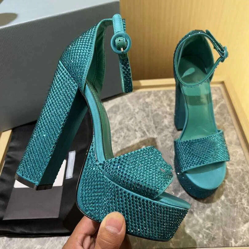 KIMLUD, Summer Leather Rhinestone Platform High Heels Round Toe Thick Heel Buckle Strap Sandals Fashion Wedding Luxury Women'S Shoes, Blue / 35, KIMLUD APPAREL - Womens Clothes