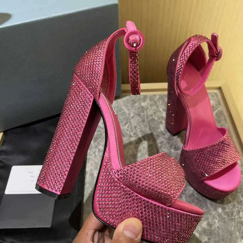KIMLUD, Summer Leather Rhinestone Platform High Heels Round Toe Thick Heel Buckle Strap Sandals Fashion Wedding Luxury Women'S Shoes, pink / 35, KIMLUD APPAREL - Womens Clothes