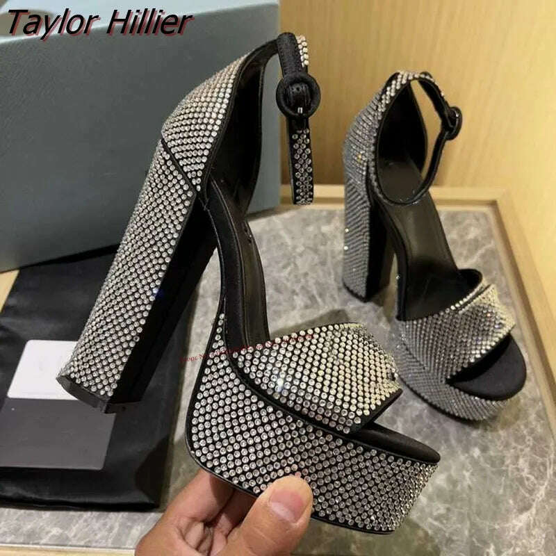 KIMLUD, Summer Leather Rhinestone Platform High Heels Round Toe Thick Heel Buckle Strap Sandals Fashion Wedding Luxury Women'S Shoes, KIMLUD Womens Clothes