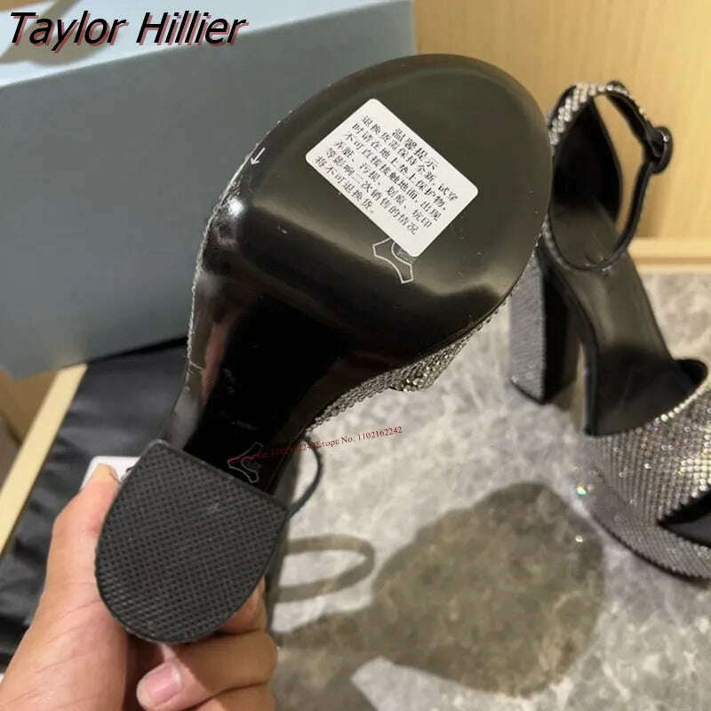 KIMLUD, Summer Leather Rhinestone Platform High Heels Round Toe Thick Heel Buckle Strap Sandals Fashion Wedding Luxury Women'S Shoes, KIMLUD Womens Clothes