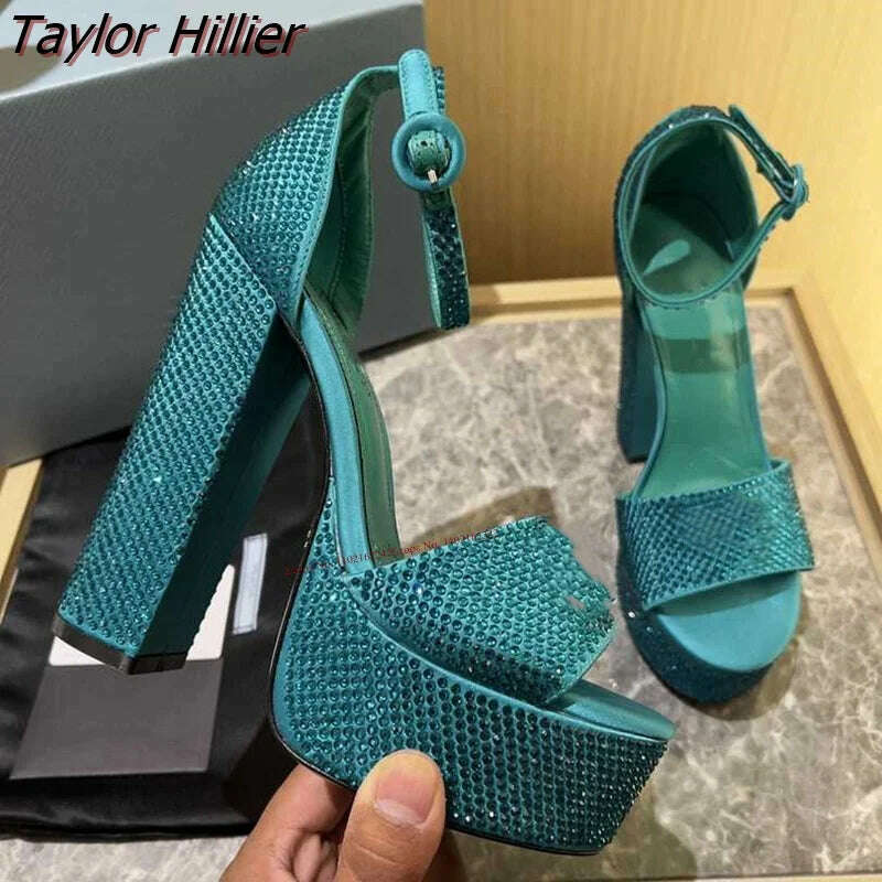 KIMLUD, Summer Leather Rhinestone Platform High Heels Round Toe Thick Heel Buckle Strap Sandals Fashion Wedding Luxury Women'S Shoes, KIMLUD Womens Clothes