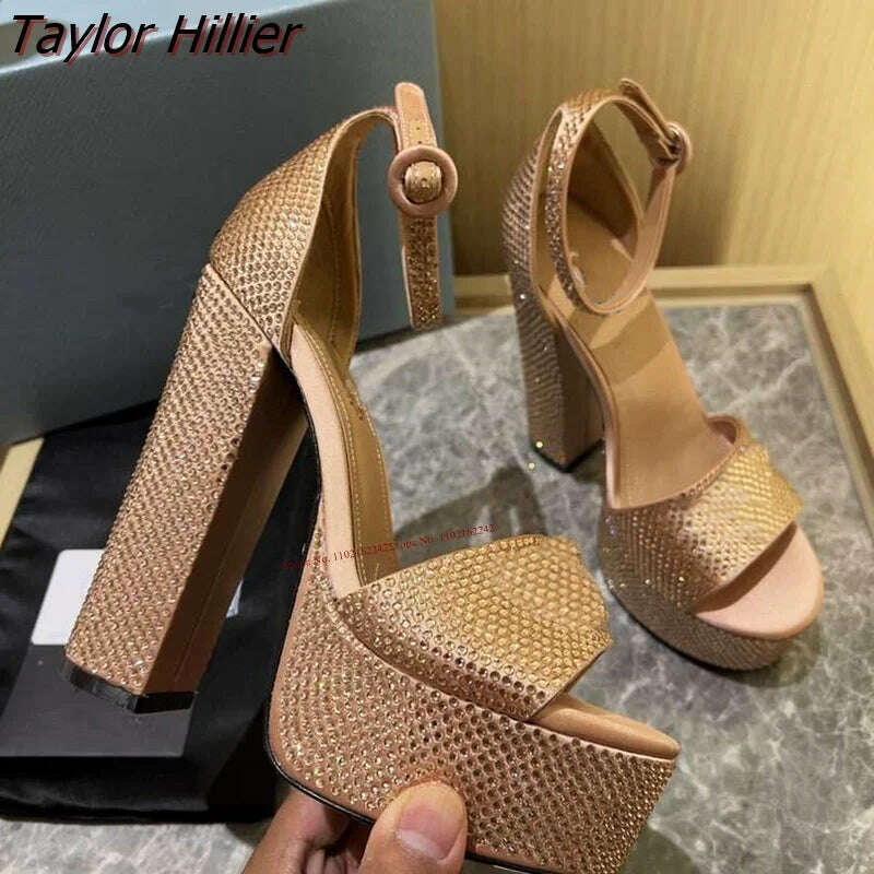 KIMLUD, Summer Leather Rhinestone Platform High Heels Round Toe Thick Heel Buckle Strap Sandals Fashion Wedding Luxury Women'S Shoes, KIMLUD Womens Clothes