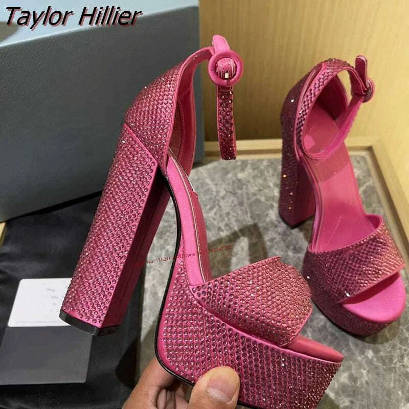 KIMLUD, Summer Leather Rhinestone Platform High Heels Round Toe Thick Heel Buckle Strap Sandals Fashion Wedding Luxury Women'S Shoes, KIMLUD Womens Clothes