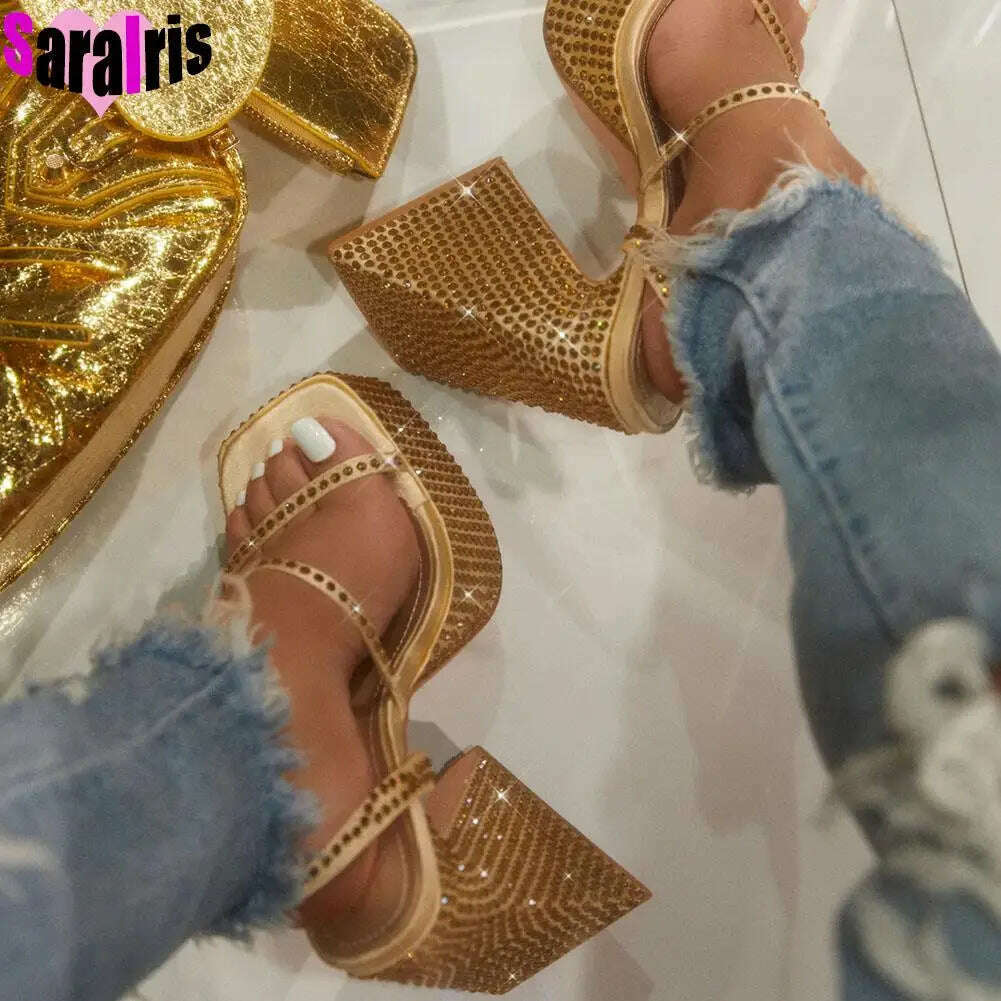 KIMLUD, Summer New 2023 Sexy Party Sandals Women Bling Crystal Prom Cool Platform High Heels Shoes For Woman Buckle Banquet Sandals Lady, Gold style 1 / 6.5, KIMLUD APPAREL - Womens Clothes