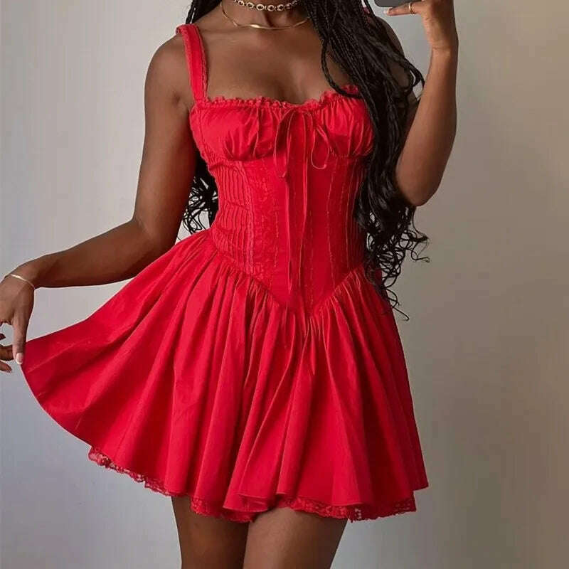 Summer New Fashion Sexy Tie Camis Dress Women Fold Silm Fit Red Mini D