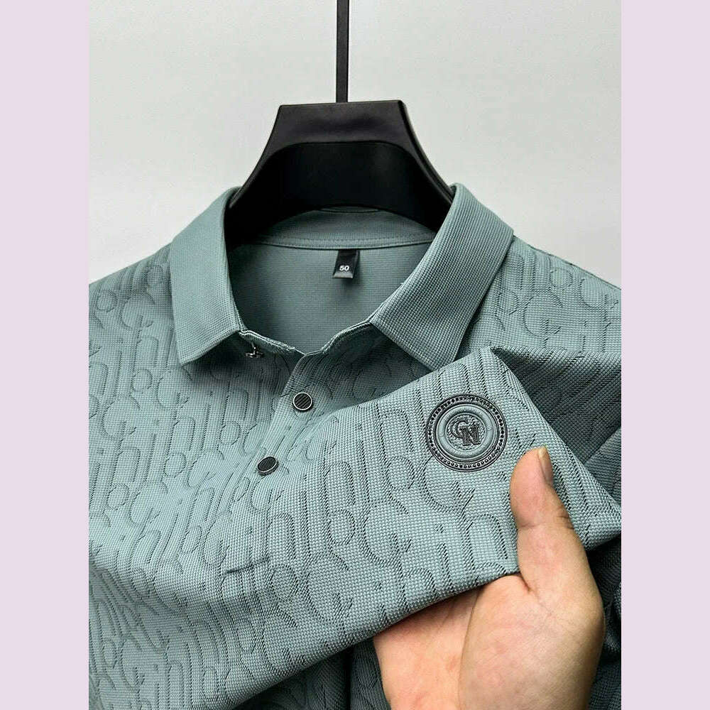 Summer New High-end Silk Short Sleeved Polo Shirt for Men's Luxurious Embossed Casual Fashion Comfortable Breathable Cool Top - KIMLUD