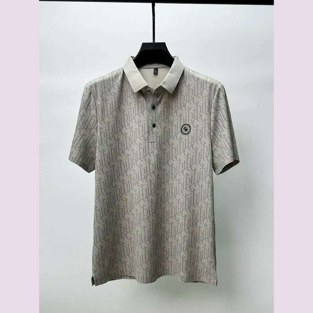Summer New High-end Silk Short Sleeved Polo Shirt for Men's Luxurious Embossed Casual Fashion Comfortable Breathable Cool Top - KIMLUD