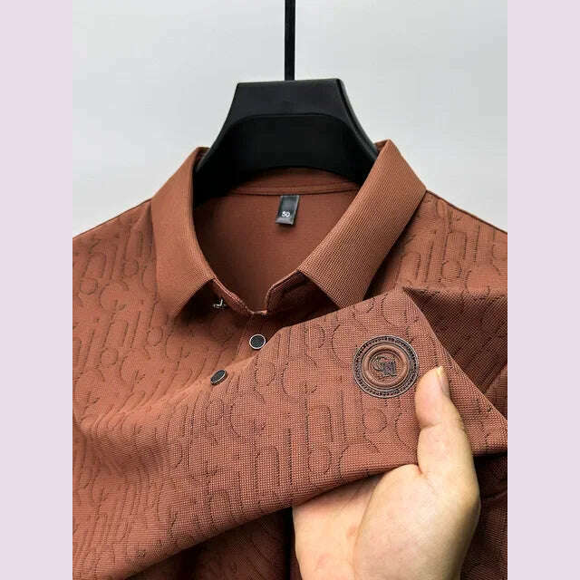 Summer New High-end Silk Short Sleeved Polo Shirt for Men's Luxurious Embossed Casual Fashion Comfortable Breathable Cool Top - KIMLUD