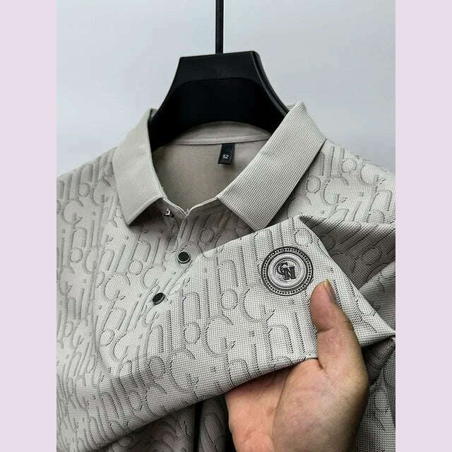 Summer New High-end Silk Short Sleeved Polo Shirt for Men's Luxurious Embossed Casual Fashion Comfortable Breathable Cool Top - KIMLUD