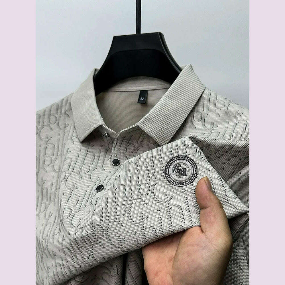Summer New High-end Silk Short Sleeved Polo Shirt for Men's Luxurious Embossed Casual Fashion Comfortable Breathable Cool Top - KIMLUD