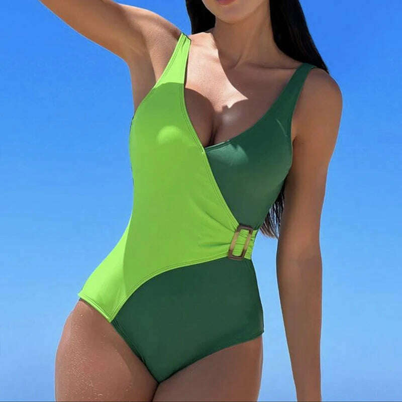 KIMLUD, Summer One Piece Swimsuit Sexy Women Push Up Patchwork Swimsuits Female Backless Bathing Suits Beachwear, Green / L, KIMLUD Womens Clothes