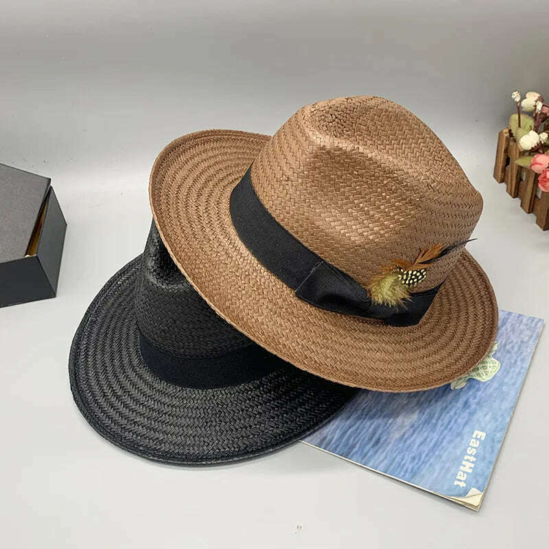 Summer Panama Hats for Women Men Wide Brim Paper Straw Hats Feather Band Fedora Sun Hat Beach Vocation Derby Hat - KIMLUD
