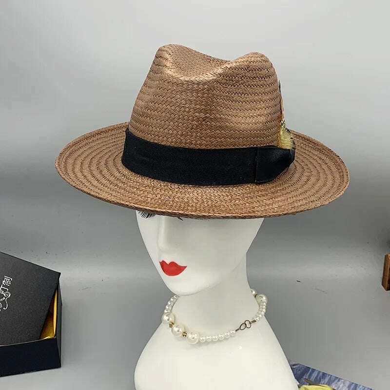 Summer Panama Hats for Women Men Wide Brim Paper Straw Hats Feather Band Fedora Sun Hat Beach Vocation Derby Hat - KIMLUD
