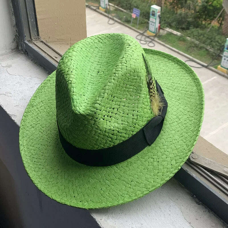 Summer Panama Hats for Women Men Wide Brim Paper Straw Hats Feather Band Fedora Sun Hat Beach Vocation Derby Hat - KIMLUD