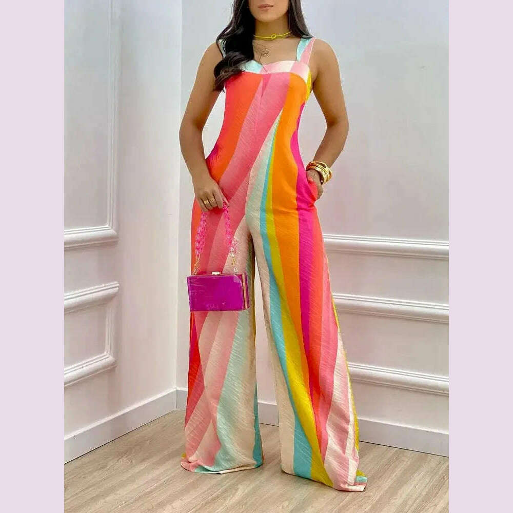 Summer Print Elegnat Women's Jumpsuits Fashion Spaghetti Strap Loose Boho Wide Leg Playsuit Casual Female Wide Leg Jumpsuit - KIMLUD