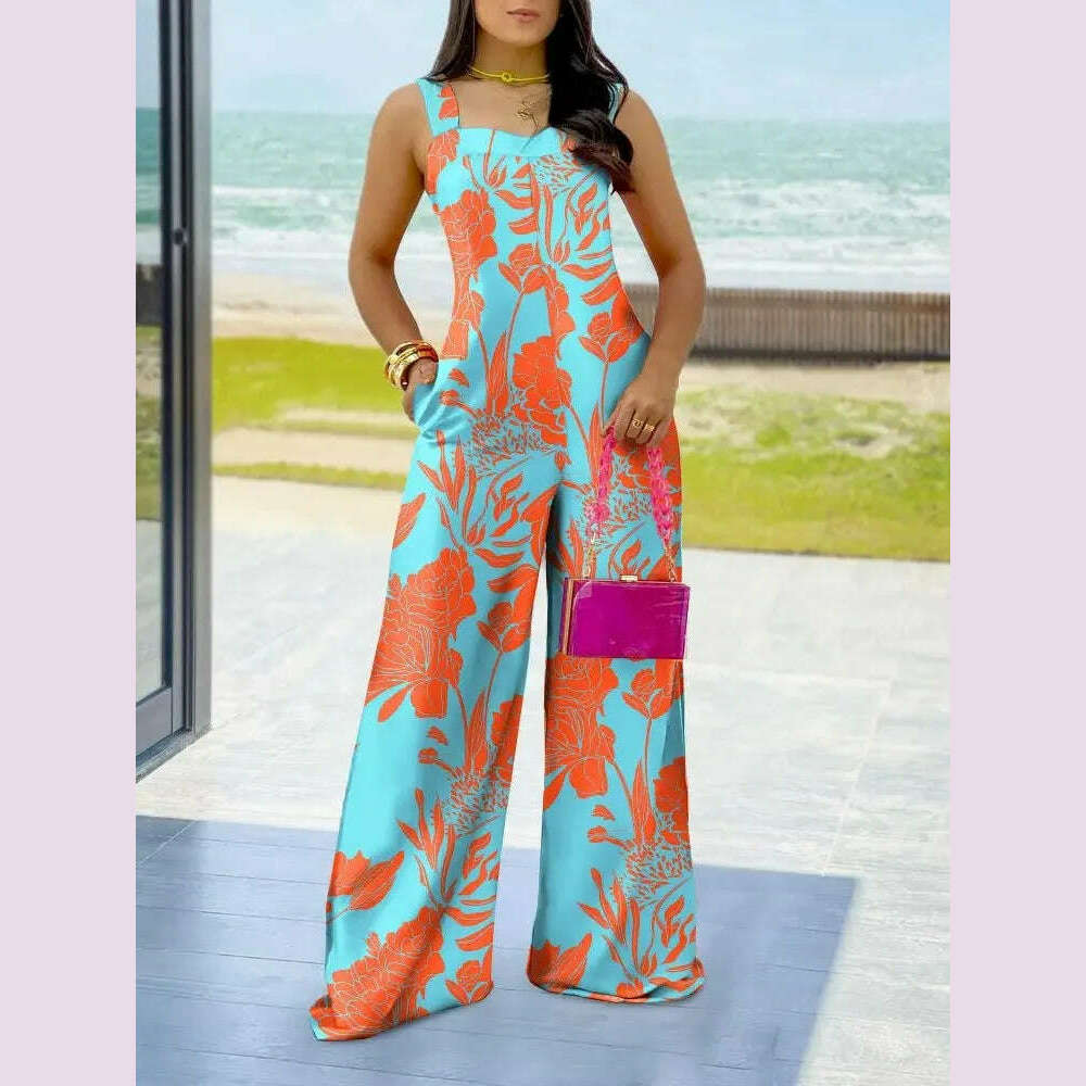 Summer Print Elegnat Women's Jumpsuits Fashion Spaghetti Strap Loose Boho Wide Leg Playsuit Casual Female Wide Leg Jumpsuit - KIMLUD
