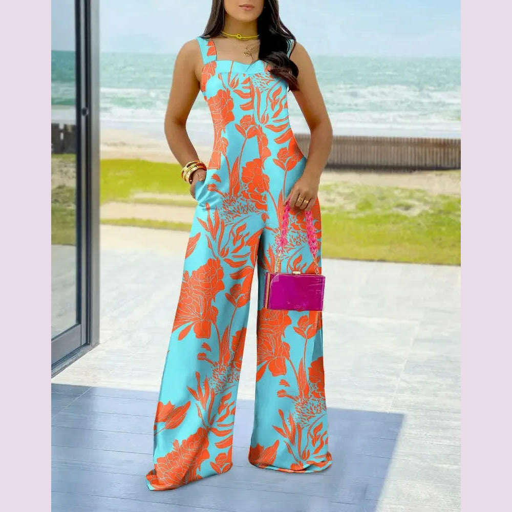 Summer Print Elegnat Women's Jumpsuits Fashion Spaghetti Strap Loose Boho Wide Leg Playsuit Casual Female Wide Leg Jumpsuit - KIMLUD