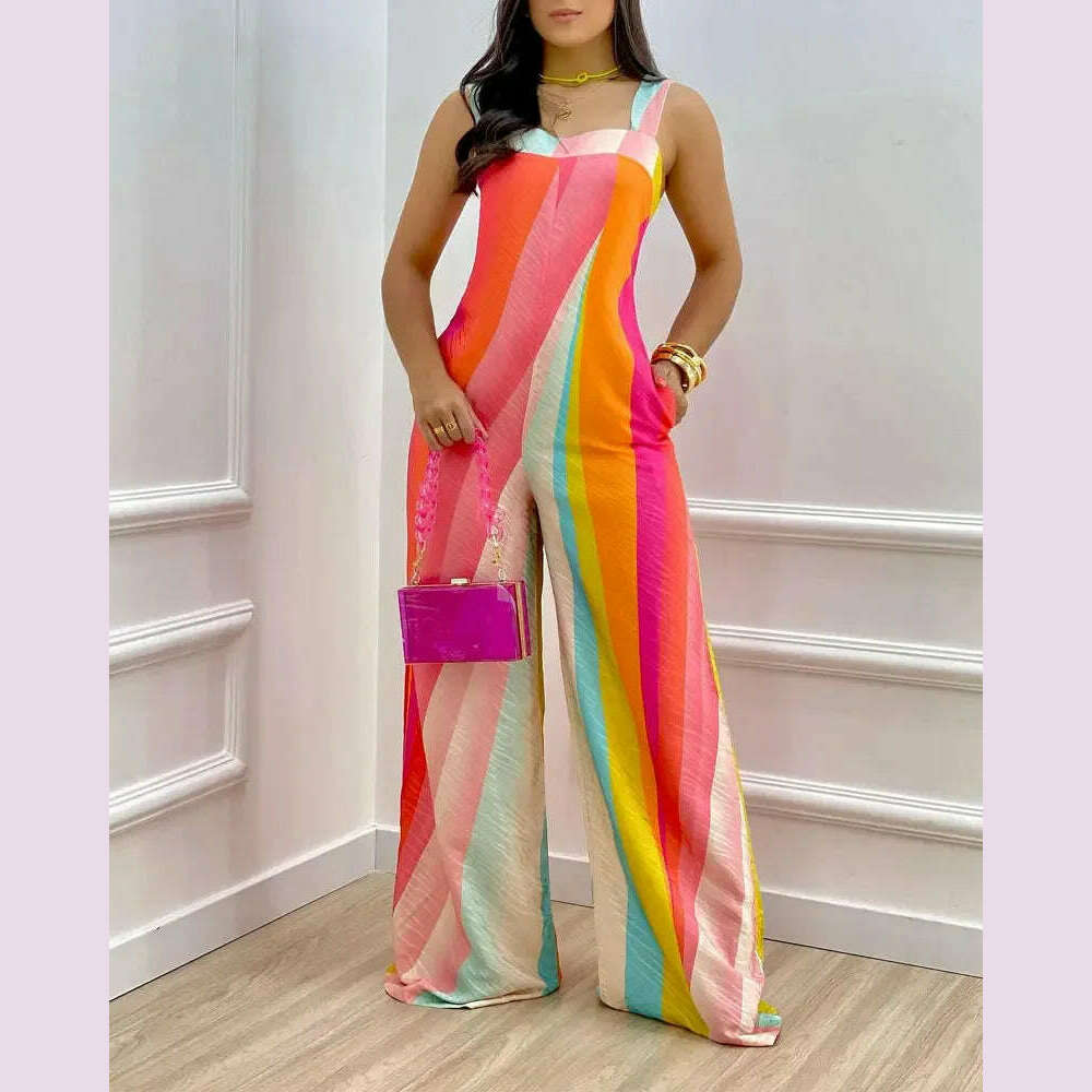 Summer Print Elegnat Women's Jumpsuits Fashion Spaghetti Strap Loose Boho Wide Leg Playsuit Casual Female Wide Leg Jumpsuit - KIMLUD