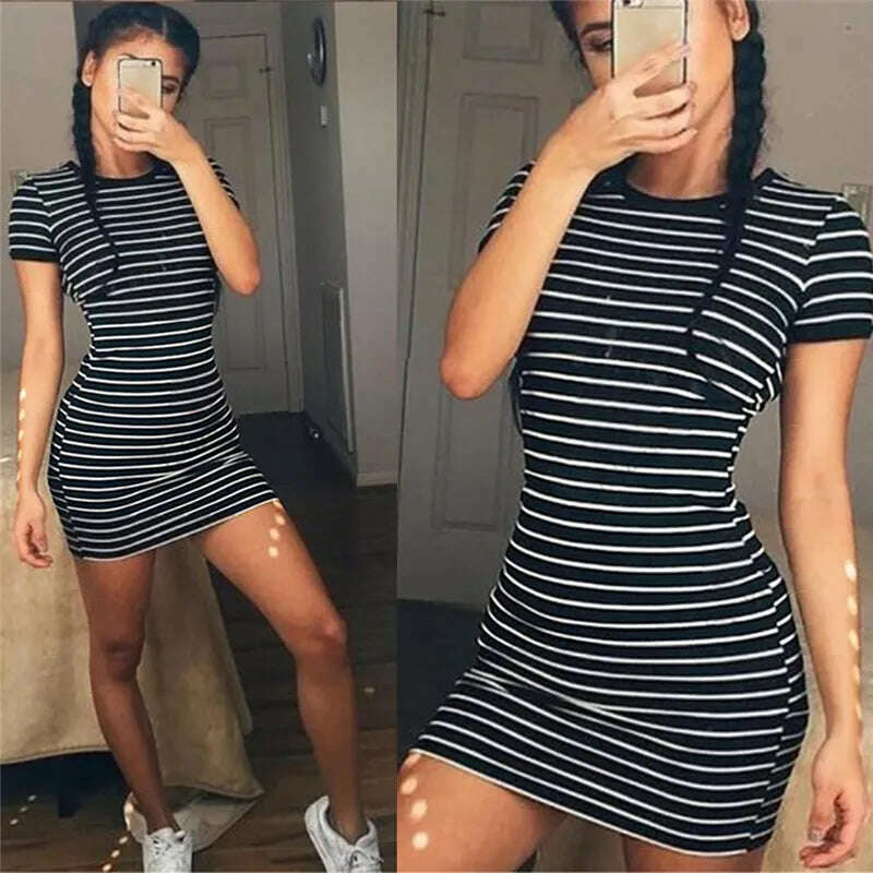 KIMLUD, Summer Round Neck Enough Stock Short-sleeved Dress Black And White Striped Dresses Casual Elegant Sheath Slim Dress, KIMLUD Womens Clothes