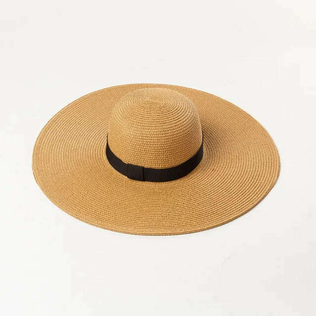 KIMLUD, Summer Simple Floppy Sun Hat Women Wide Brim Beach Hat Girls Seaside Travel Foldable Straw Hat Sunscreen UV Protection Lady Cap, Webbing khaki / Brim 11cm, KIMLUD APPAREL - Womens Clothes