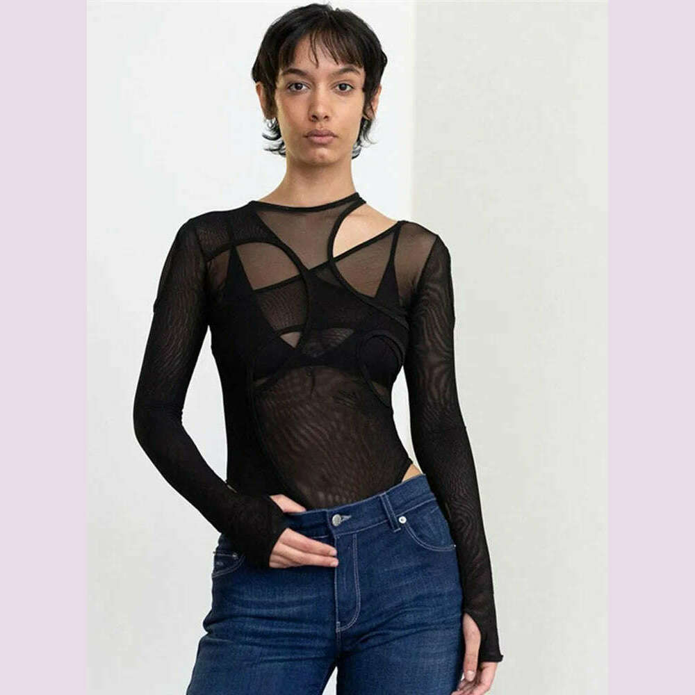 Summer Solid Color Bodysuit See-Through Sexy Hollow Design Women Top Jumpsuits Slim Fit For High Street Clubwear Female - KIMLUD