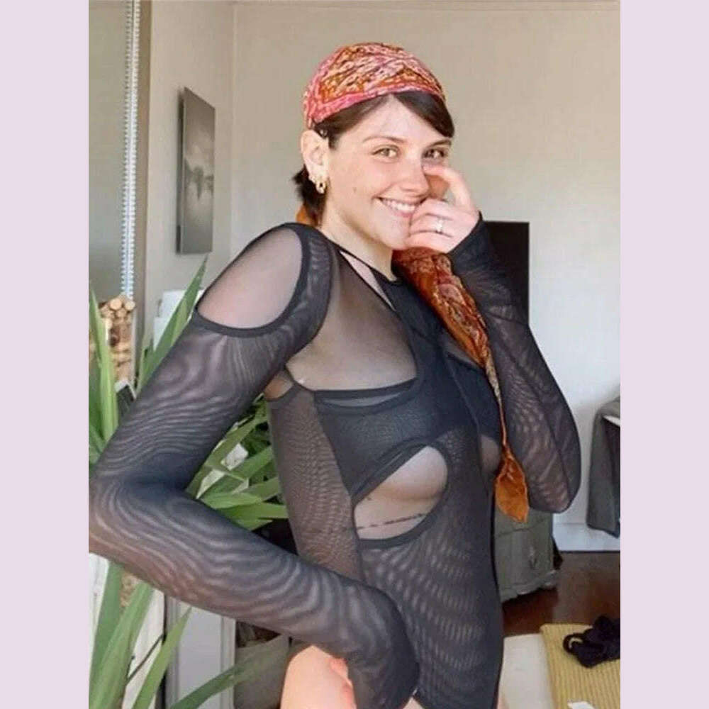 Summer Solid Color Bodysuit See-Through Sexy Hollow Design Women Top Jumpsuits Slim Fit For High Street Clubwear Female - KIMLUD