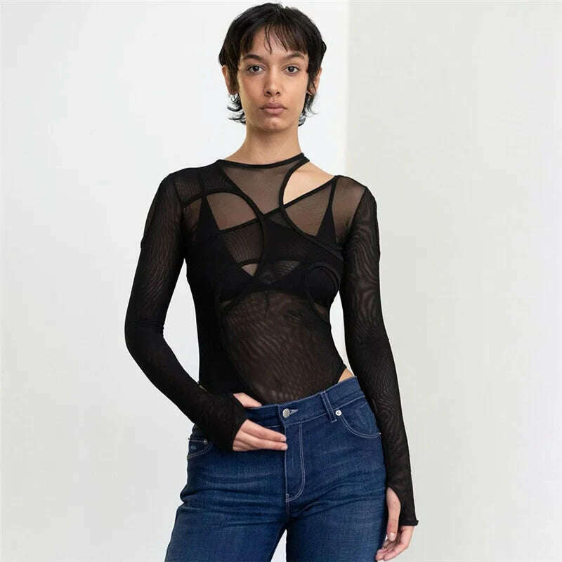 Summer Solid Color Bodysuit See-Through Sexy Hollow Design Women Top Jumpsuits Slim Fit For High Street Clubwear Female - KIMLUD