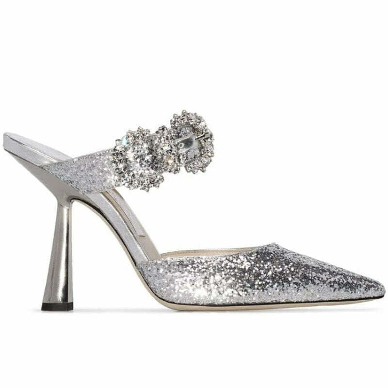 KIMLUD, Summer Stiletto Sandals Women High Heels Rhinestone Buckle Pointed Toe Shoes Women High-Heeled Slippers sandalias de las mujeres, Silver / 34, KIMLUD Womens Clothes