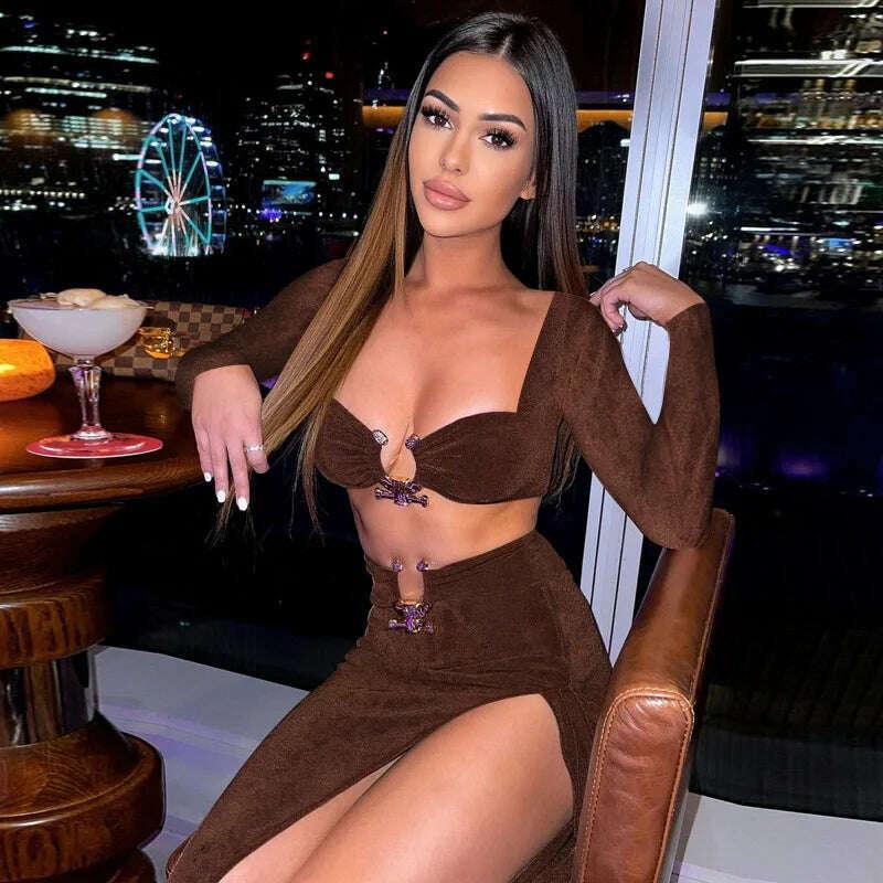 KIMLUD, Summer Strapless Slim Dresses Set For Women Sexy Metal Chain Backless Bodycon Dress Side Split Ladies Party Night Long Dress New, KIMLUD Womens Clothes