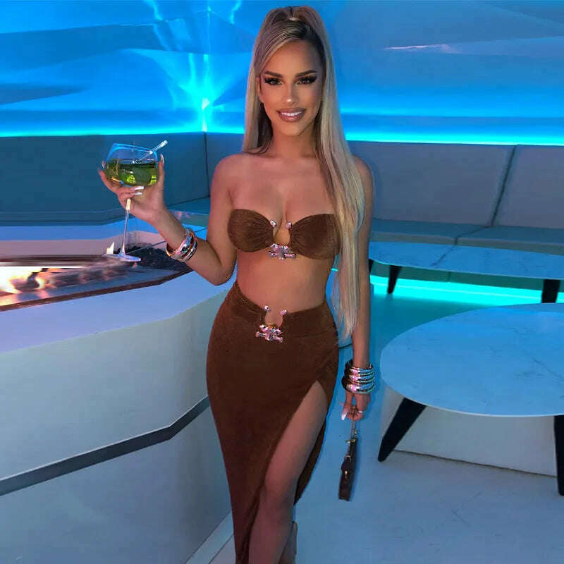 KIMLUD, Summer Strapless Slim Dresses Set For Women Sexy Metal Chain Backless Bodycon Dress Side Split Ladies Party Night Long Dress New, KIMLUD Womens ClothesKIMLUD, Summer Strapless Slim Dresses Set For Women Sexy Metal Chain Backless Bodycon Dress Side Split Ladies Party Night Long Dress New, brown dress / S, KIMLUD APPAREL - Womens Clothes