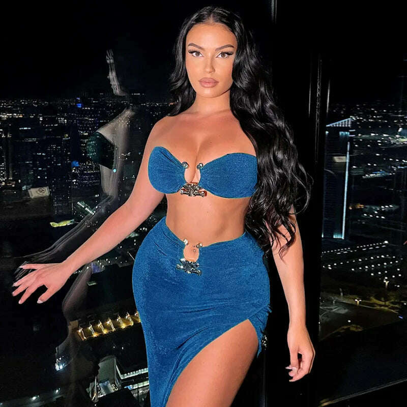 KIMLUD, Summer Strapless Slim Dresses Set For Women Sexy Metal Chain Backless Bodycon Dress Side Split Ladies Party Night Long Dress New, KIMLUD Womens ClothesKIMLUD, Summer Strapless Slim Dresses Set For Women Sexy Metal Chain Backless Bodycon Dress Side Split Ladies Party Night Long Dress New, blue dress / S, KIMLUD APPAREL - Womens Clothes