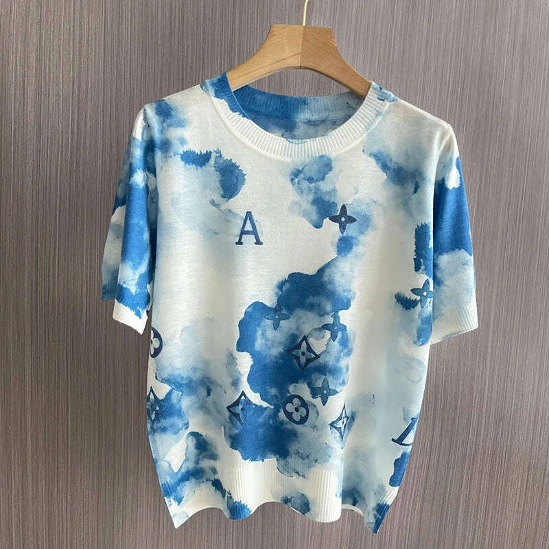 KIMLUD, Summer Thin Worsted Wool Short Sleeve Printed Graffiti Sweater Women's Low Round Neck Pullover Loose Slim Half Sleeve T-shirt, 11 / XL / CHINA, KIMLUD APPAREL - Womens Clothes