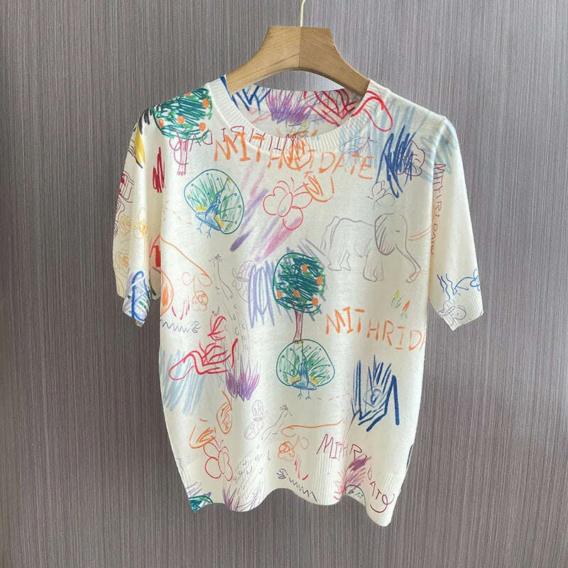 KIMLUD, Summer Thin Worsted Wool Short Sleeve Printed Graffiti Sweater Women's Low Round Neck Pullover Loose Slim Half Sleeve T-shirt, 9 / XL / CHINA, KIMLUD APPAREL - Womens Clothes