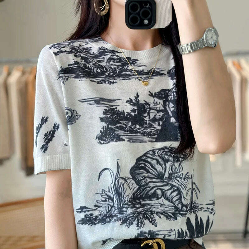 KIMLUD, Summer Thin Worsted Wool Short Sleeve Printed Graffiti Sweater Women's Low Round Neck Pullover Loose Slim Half Sleeve T-shirt, 8 / M / CHINA, KIMLUD APPAREL - Womens Clothes