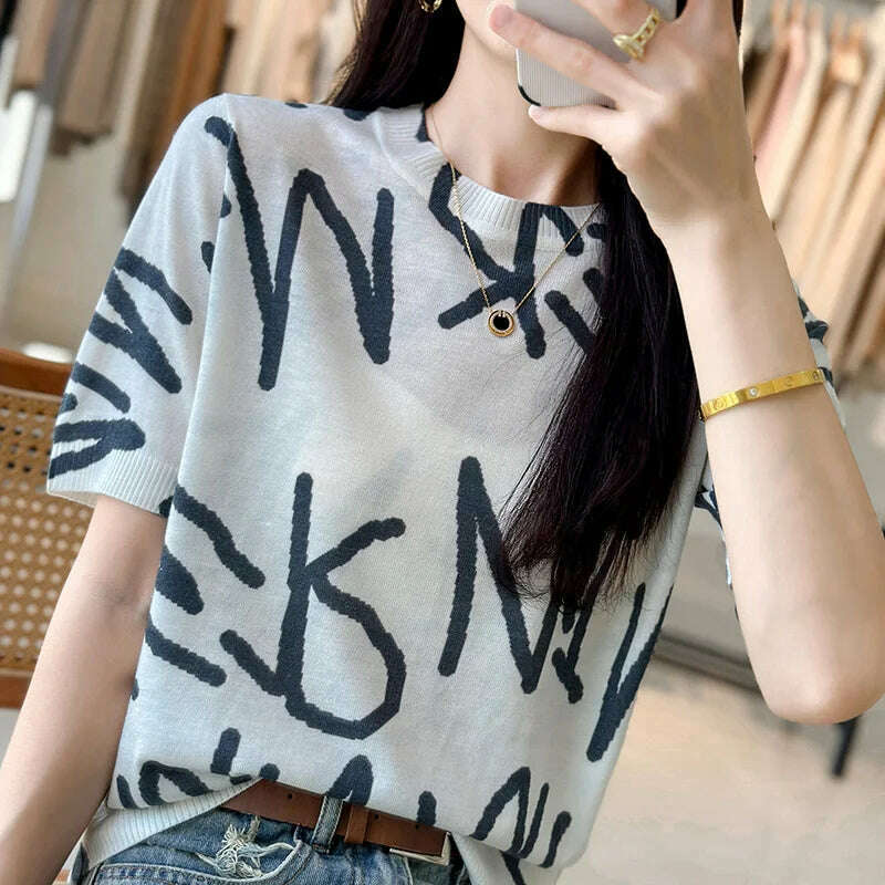 KIMLUD, Summer Thin Worsted Wool Short Sleeve Printed Graffiti Sweater Women's Low Round Neck Pullover Loose Slim Half Sleeve T-shirt, 7 / XL / CHINA, KIMLUD Womens Clothes