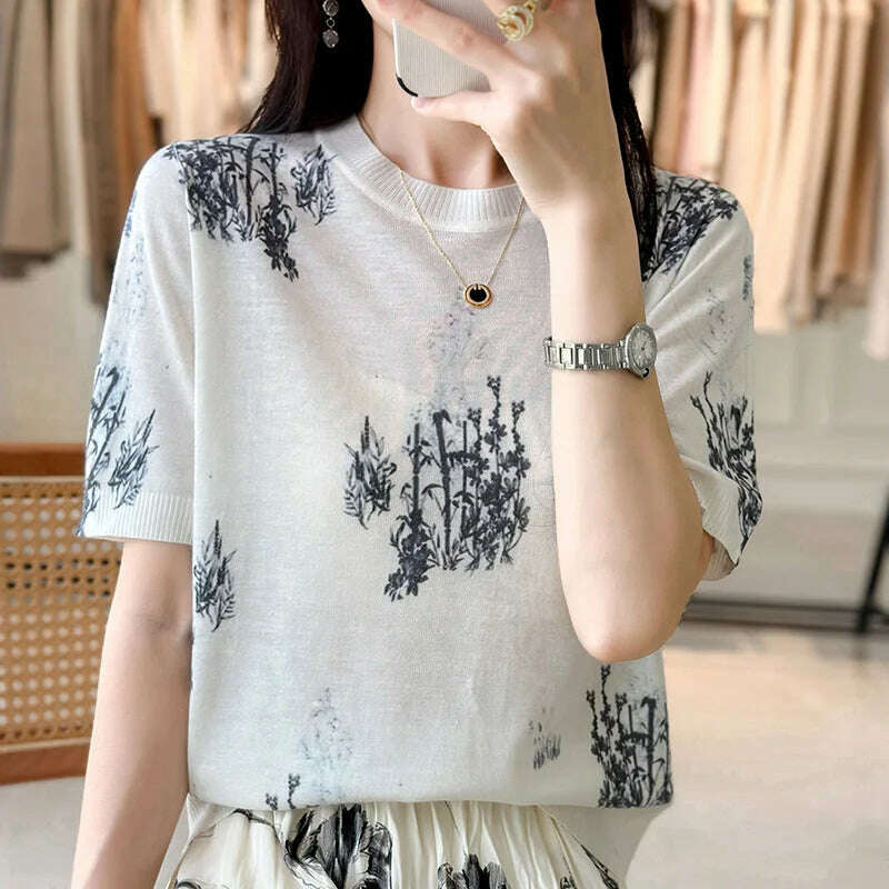 KIMLUD, Summer Thin Worsted Wool Short Sleeve Printed Graffiti Sweater Women's Low Round Neck Pullover Loose Slim Half Sleeve T-shirt, 6 / M / CHINA, KIMLUD APPAREL - Womens Clothes