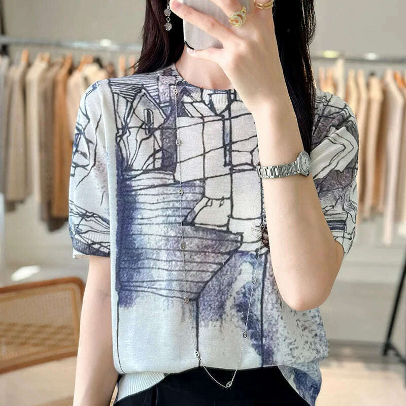 KIMLUD, Summer Thin Worsted Wool Short Sleeve Printed Graffiti Sweater Women's Low Round Neck Pullover Loose Slim Half Sleeve T-shirt, 5 / XL / CHINA, KIMLUD Womens Clothes