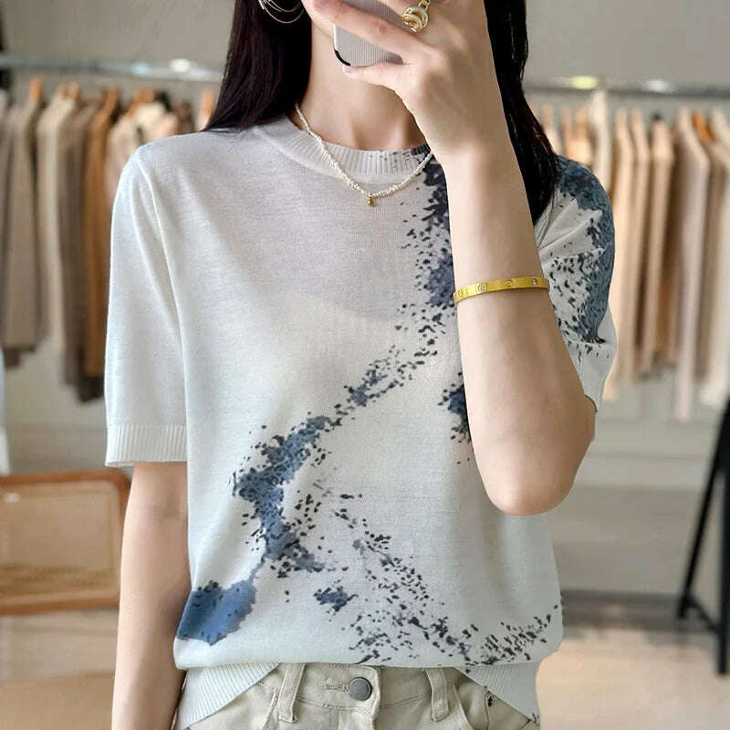 KIMLUD, Summer Thin Worsted Wool Short Sleeve Printed Graffiti Sweater Women's Low Round Neck Pullover Loose Slim Half Sleeve T-shirt, 3 / XL / CHINA, KIMLUD Womens Clothes
