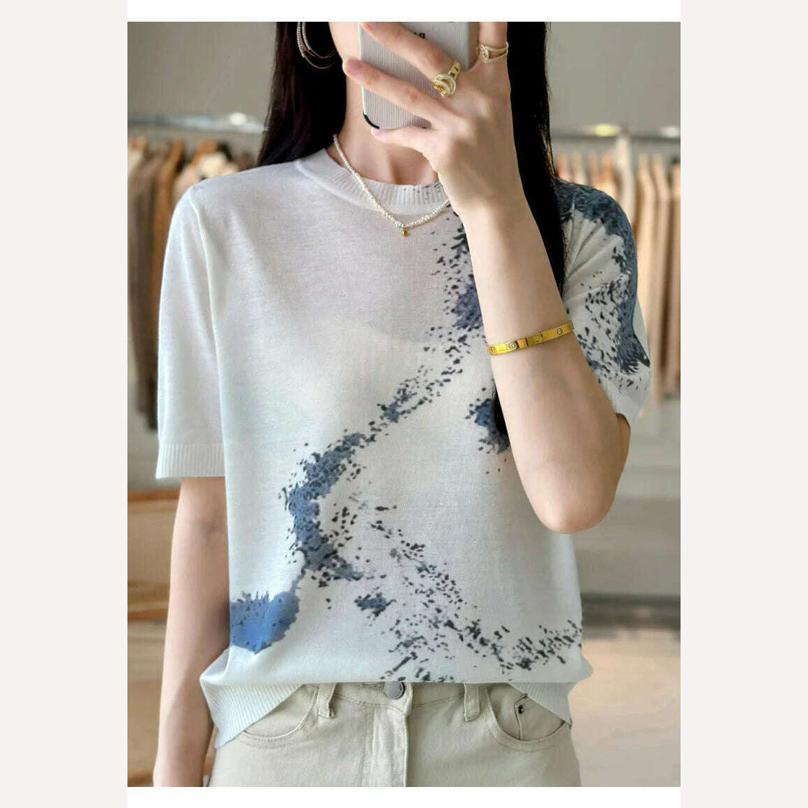 KIMLUD, Summer Thin Worsted Wool Short Sleeve Printed Graffiti Sweater Women's Low Round Neck Pullover Loose Slim Half Sleeve T-shirt, KIMLUD Womens Clothes