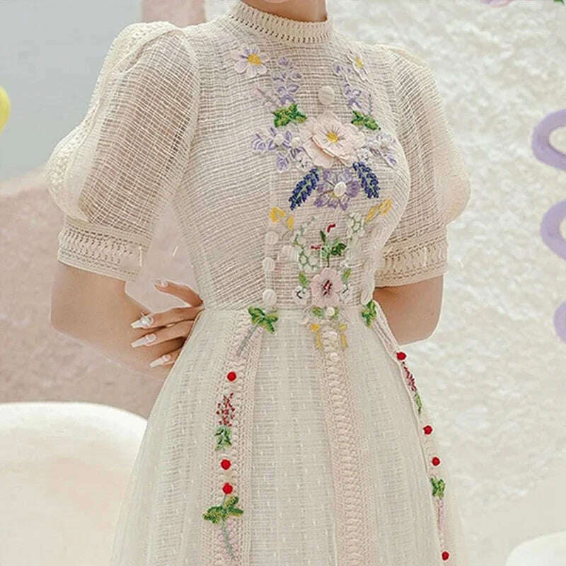 Summer Vintage Embroidery Flower Dress for Women Elegant Short Sleeve Vintage Bodycon Lady Clothing Luxury Design Party Vestido - KIMLUD