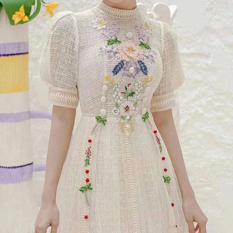 Summer Vintage Embroidery Flower Dress for Women Elegant Short Sleeve Vintage Bodycon Lady Clothing Luxury Design Party Vestido - KIMLUD