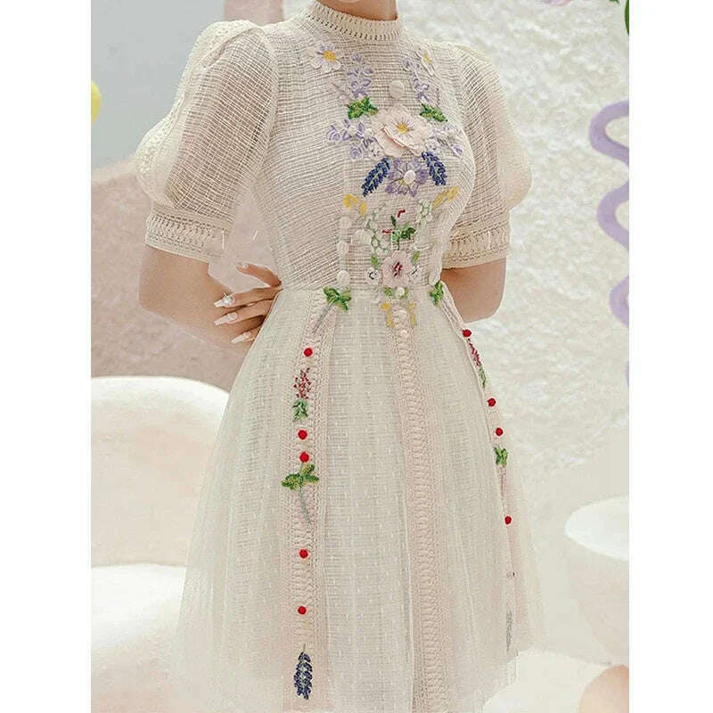 Summer Vintage Embroidery Flower Dress for Women Elegant Short Sleeve Vintage Bodycon Lady Clothing Luxury Design Party Vestido - KIMLUD