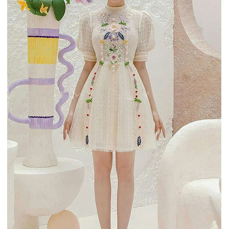 Summer Vintage Embroidery Flower Dress for Women Elegant Short Sleeve Vintage Bodycon Lady Clothing Luxury Design Party Vestido - KIMLUD