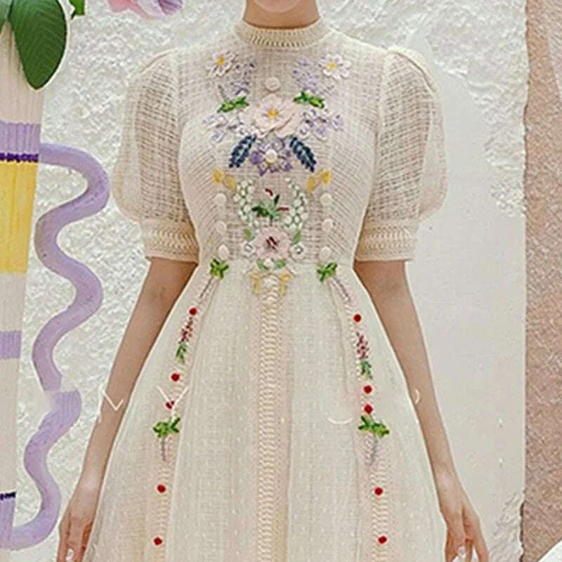 Summer Vintage Embroidery Flower Dress for Women Elegant Short Sleeve Vintage Bodycon Lady Clothing Luxury Design Party Vestido - KIMLUD