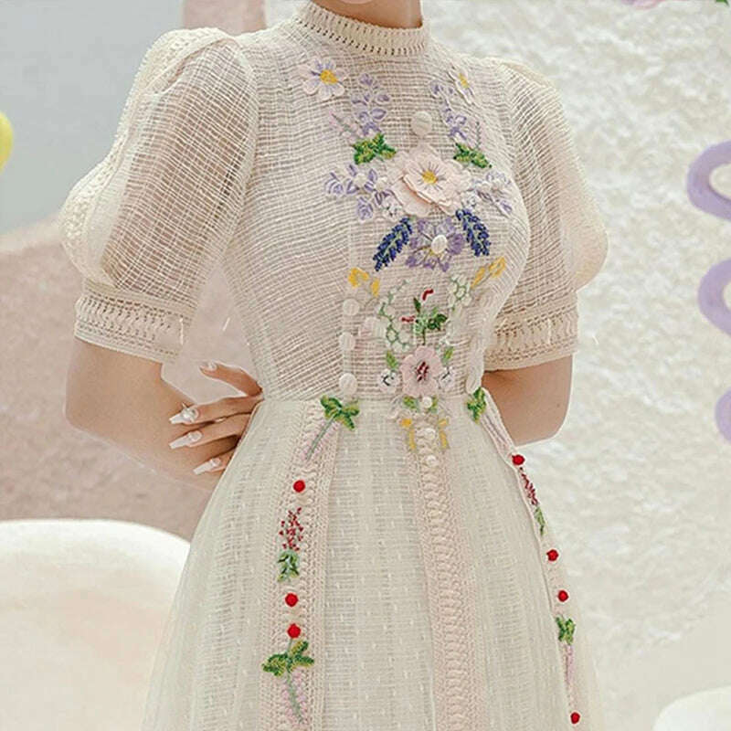 Summer Vintage Embroidery Flower Dress for Women Elegant Short Sleeve Vintage Bodycon Lady Clothing Luxury Design Party Vestido - KIMLUD